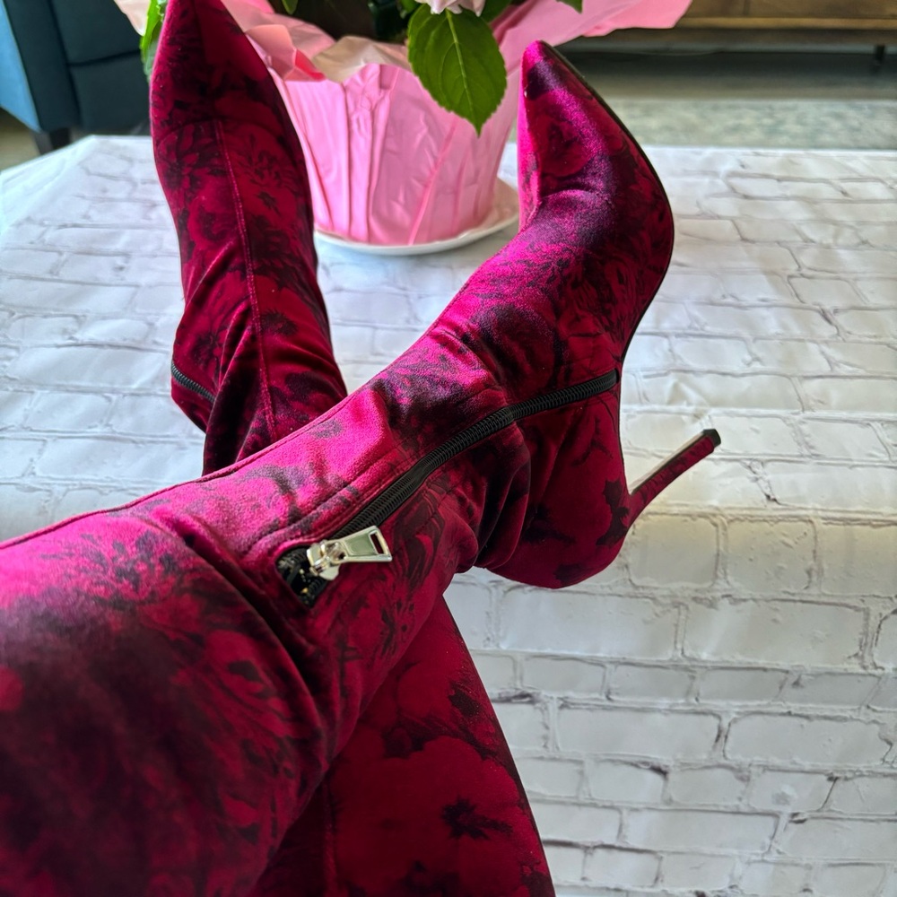 BEAUTIISOLES Mariana Over-The-Knee Red Floral Velvet Stiletto Boot--NEW-… - Picture 4 of 16
